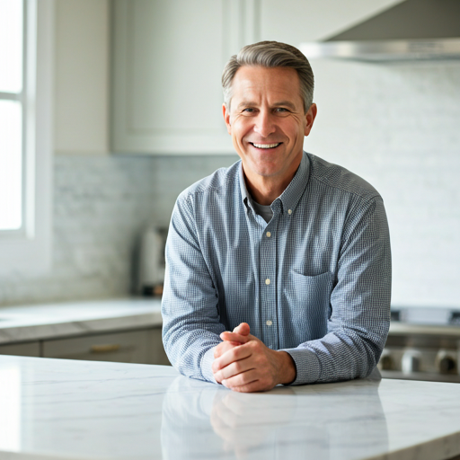 Homeowner standing in a remodeled kitchen.
